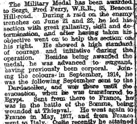 An extract on Fred Perry from the Halifax Courier during the First World War