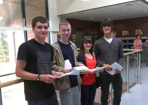 A-level results day at Calder High School. Pictured from the left are Joey Scarf, Michael Wilson, Bethan Horsfield and Jacob Parker-Basu