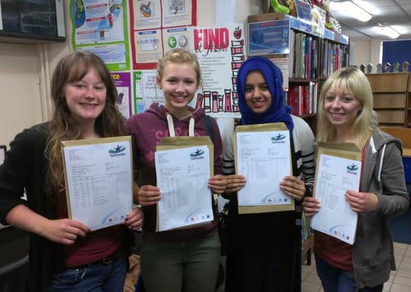A-level results day at Todmorden High School. Pictured from the left are Lucy Carr, Emma Stroud, Zaineb Ali and Rebecca Gibson
