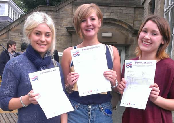 A Level results at Brighouse High School. Pictured are Bethany Dimmock, Lucy Badrock and Maddie Horner