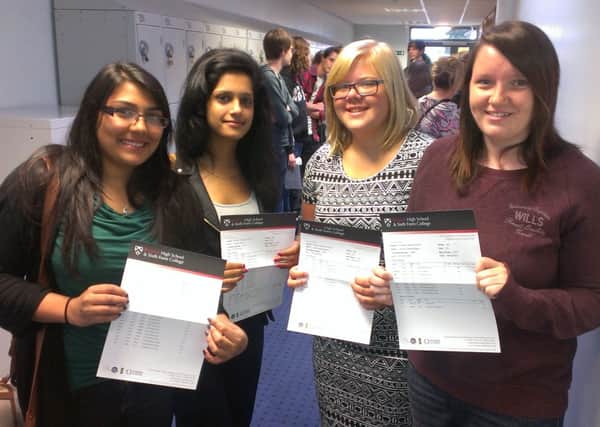 A level results Rastrick High School. Pictured are Aarti Patel, Navneet Kaur, Chloe Bottomley, Hannah Boyle