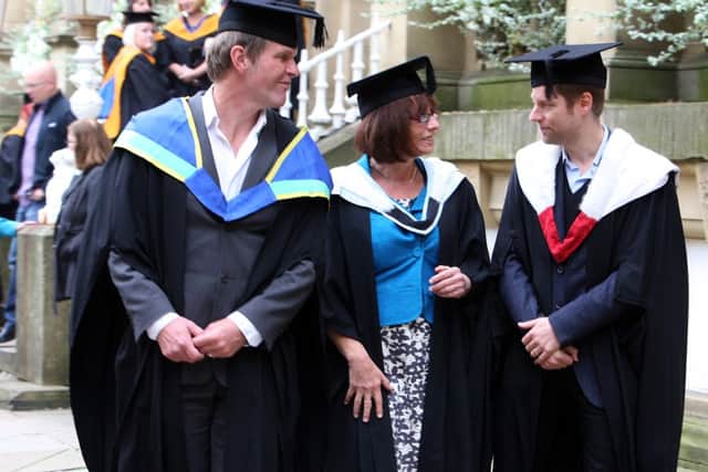 Calderdale College graduation ceremony and parade. Chris Sands, Pam Warhurst and Christopher Bailey.
