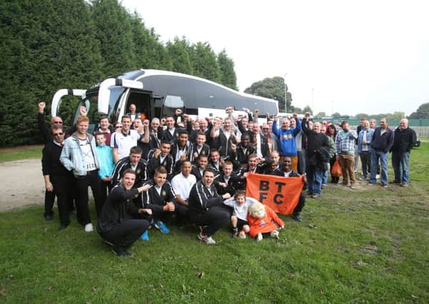 Brighouse Town football team and supporters set off to the FA Cup tie against Stockport County with high hopes