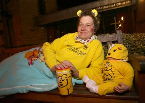 Bernadette Toner raising money for Children in Need by sleeping rough in Brighouse for a night.