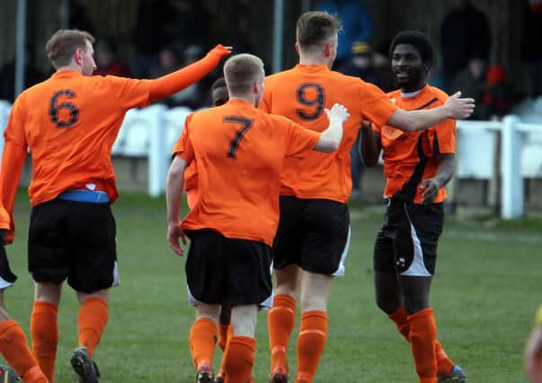 Brighouse celebrate a goal for Ernest Boafo yesterday