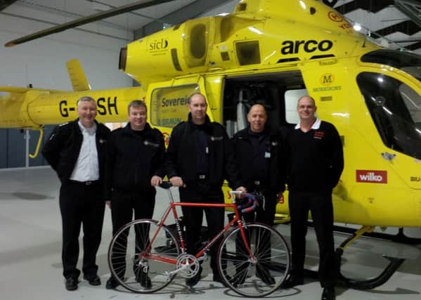 Left to right - Station Commander Dom Furby, Crew Manager James Priestley, Watch Manager Carl Fielden, Firefighter David Kaye and Captain Andy Lister from Yorkshire Air Ambulance.