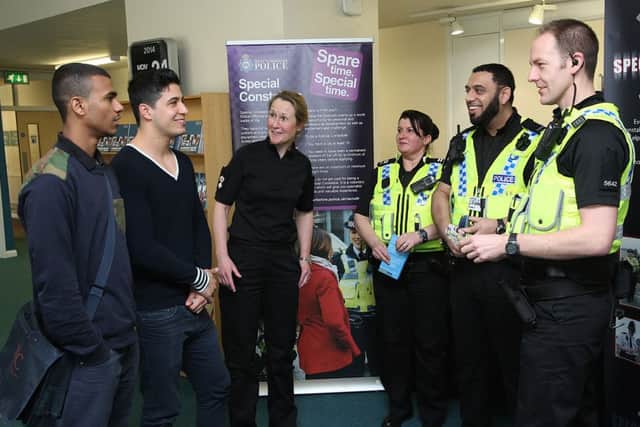 Chf Supt Angela Williams with special constables Gerogina Lord and Omer Ayub and PC Alex Langley with Calderdale College students Maysam Eliasi and Salah Hassan.