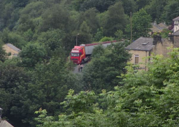 The jacknifed lorry stuck at Doghouse Lane, Todmorden, around 9am this morning. Picture courtesy of Nathan Birch