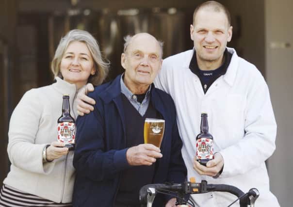 From left to right are Sue Cooper, Brian Robinson and Wim van der Spek at the launch of Little Valley Brwey's latest beer 'Stage Winner'