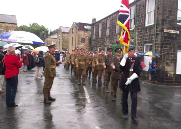 The reformed 1/6th Lancashire Fusiliers set out from Todmorden on their march to Rochdale, August 10, 2014, a hundred years after their forbears in the Territorial Army did so at the start of the First World War