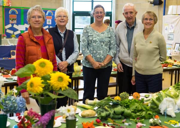 Judith Coates, Jennifer Jagger, Catherine Carus, Bill Bailey and Margaret Coates, at Southowram Horticultural Show, Withinfields School, Southowram