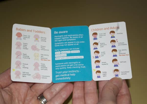 A meningitis symptom card to help diagnose symptoms early.