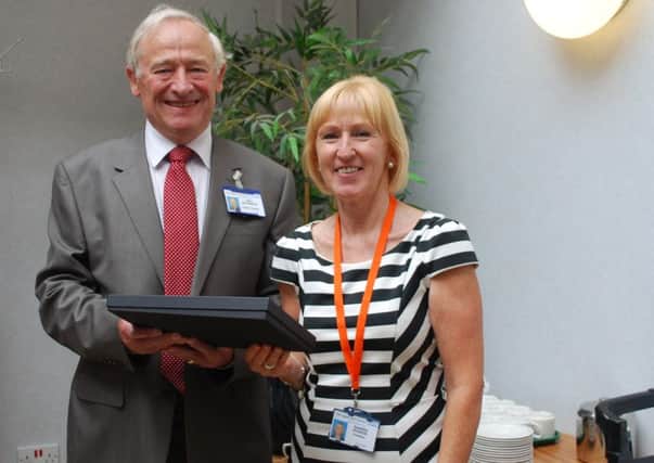 Andy Wilkinson is thanked for his contribution by Sandra Dodson, chairman of Harrogate and District NHS Foundation Trust. (S)