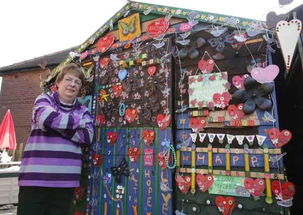 Carole Garwood, Malham Road, Rastrick with her sewing shed.