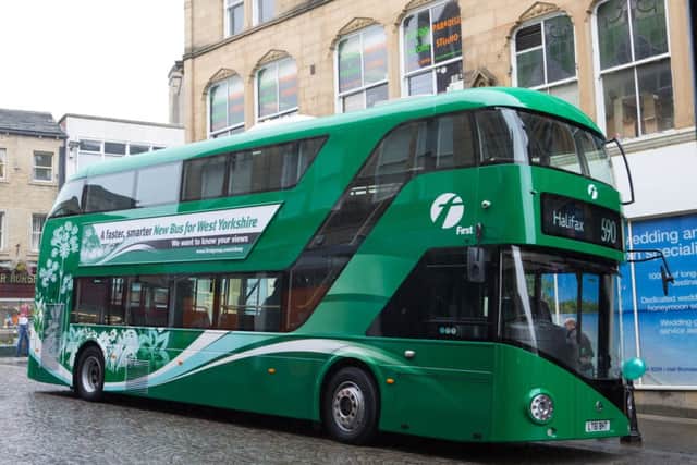 The new First Bus green bus, in Halifax Town Centre
