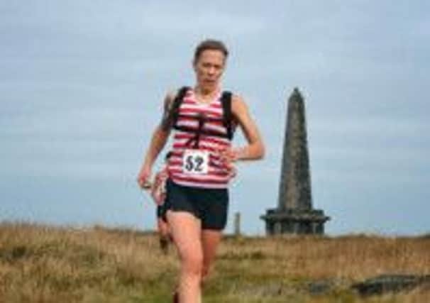 Calder Valley FR' Gayle Sugden at the Good Shepherd race on her way to the ladies course record. Photo courtesy of Woodheads