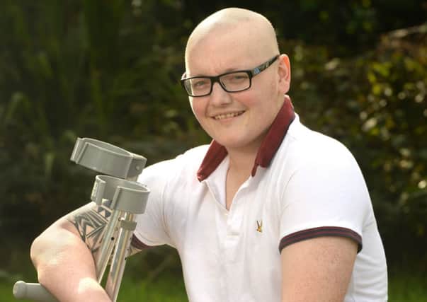 Picture shows William Binns from Halifax, West Yorkshire. See Ross Parry copy RPYCANCER : A teenager cheated cancer's claws when his rare tumour was discovered after a fall from a ladder - which led to surgeons amputating his LEG.  Apprentice plumber William Binns, 19, was replacing a water main at work when he lost his balance and took a tumble - but doctors discovered something much more sinister than a fractured ankle. Mr Binns, from Brighouse, West Yorks., had X-rays at Calderdale Royal Hospital in Halifax after the fall in the town's market, but returned weeks later when the pain from his fracture refused to budge.  The pain turned out to be deadly Ewing's Sarcoma - a rare malignant tumour found in bones or muscles after it showed up on a second X-ray.