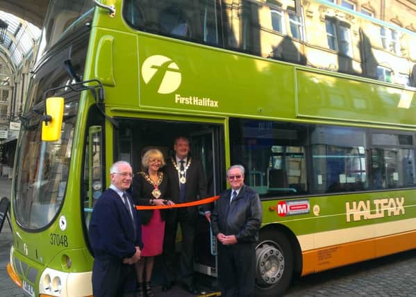 The Mayor of Calderdale Pat Allen launches the Geoffrey Hilditch bus