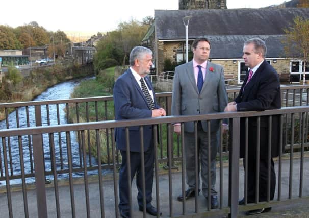 Environment Minister, Dan Rogerson, visit the Calder Valley. Dan Rogerson with Counillors Stephen Baines and Rob Holden.