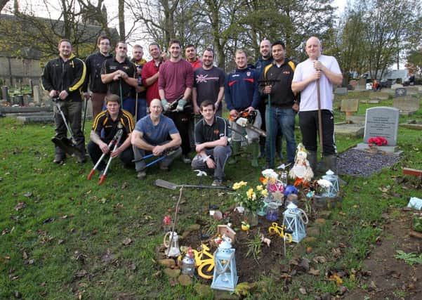 Elland Rugby League team are helping clean up Greetland Church Yard in aid of Dexters Light.