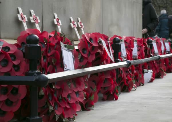 Poppy wreaths at Halifax's cenotaph.