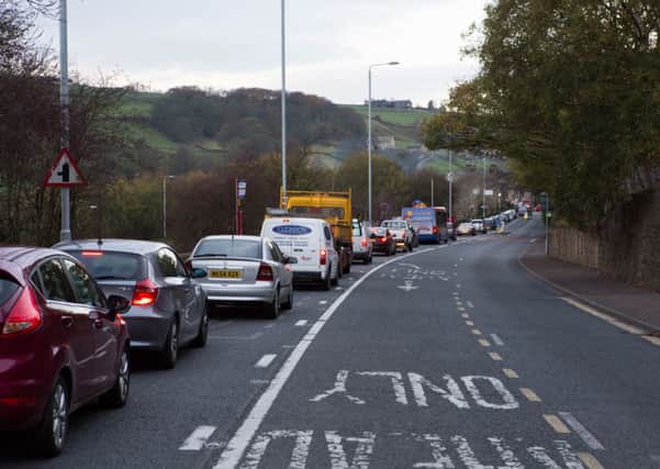 Long queues due to new road works, on Burnley Road, Luddenden Foot