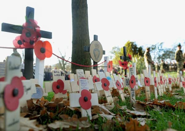 09-11-14 Poppy crosses plated alongside  the  Cenotaph in Harrogate on Remembrance Sunday (GL1003/98t)