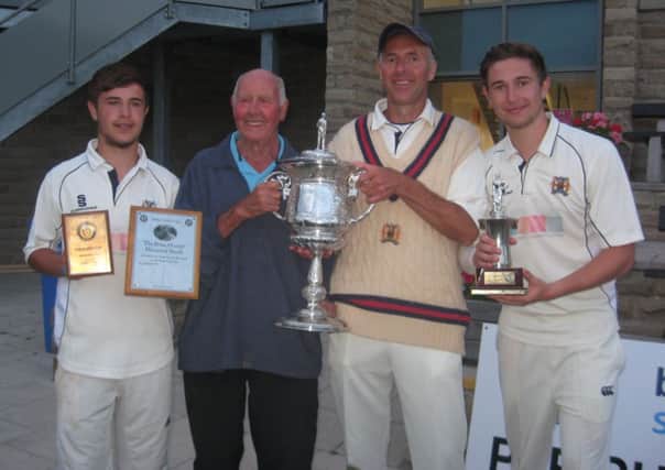 The Thorpes after Copley's Parish Cup final win.
From the left, Toby (16, Brian Hunter Trophy for top score of 115), groundsman Tom Thorpe, Richard Thorpe and Oliver Thorpe (18, man of match for five for 32)