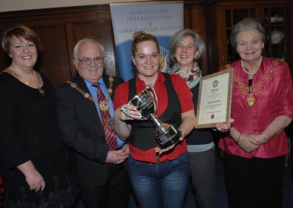 The President of Soroptimist International of Harrogate and District Andrea Trimmer, The Mayor of Harrogate Cllr. Jim Clark and The Mayoress of Harrogate Cllr. Shirley Fawcett with  overall winners Caroline Hughes and Hilary Randall of The Oxfam Book Shop. (1412026AM3)