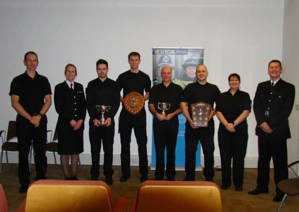 Calderdale Polic's Special Constable Awards 2015. PC Alex Langley, Chf Supt Angela Williams,  SC Stephen Smith, SC Andrew Parker,  SO Andrew Taylor,  SC Argie Dratzidis and Insp Allan Raw, SSO Georgina Lobb. Below: Team of the year