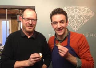 Countryfile presenter, Joe Crowley, right, pictured with Hebden Bridge's Workshop jeweller Robert Dutson whilst filming for the BBC programme