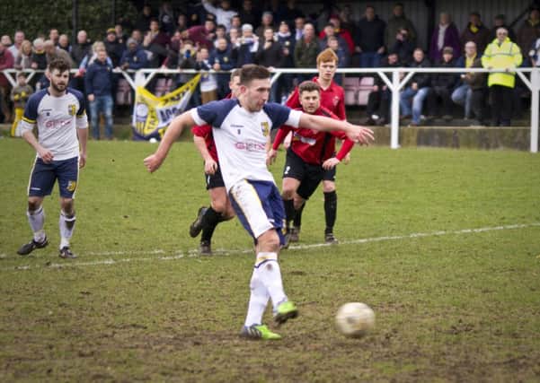Tadcaster Albion's Calum Ward powers home a 67th minute penalty. (Ian Parker)