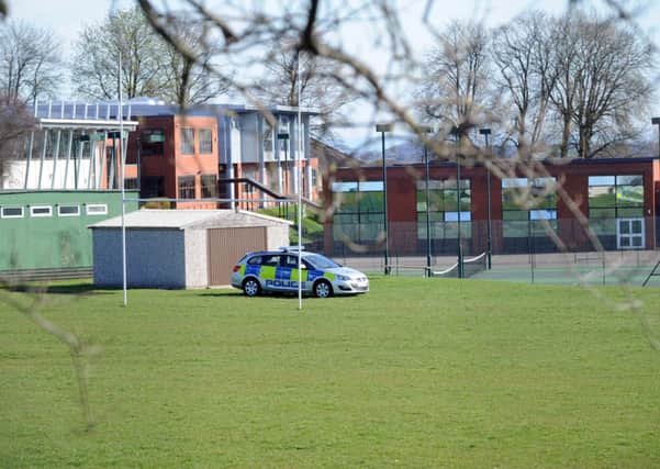 Police car  by the playing fields of King James School, Knaresborough ...attack story mon 6th april 2015
