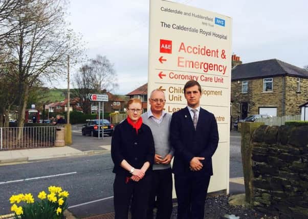 Labour Parliamentary candidates Holly Lynch and Josh Fenton-Glynn, right, with Labour leader coun Tim Swift outside Calderdale Royal A and E