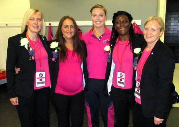 Simply Flower roses being worn by the Yorkshire jets (from left): Assistant Coach Vicky Palmer, Head Coach Anna Carter, Captain Lauren Potter, Assistant Coach Maggie Birkinshaw and Team Manager Gerry Plant.