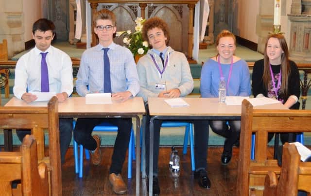 St John Fisher students Francesco Pili, Stephen Culpin, William Maturi-Bailey, Eleanor Churchill, and Maria Bell representing the main parties in a mock election debate. (S)