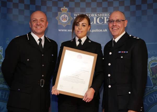 Calderdale Policing Awards Evening. Chief Superintendent Dicke Whitehead and ACC Andy Battle with Heather Holberry.