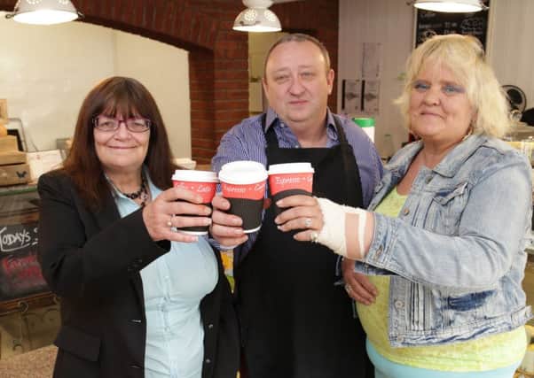 Launch of free coffee for homeless charity in Brighouse. Pamala McNulty and Liz Phillips with Tony Ellis at North's Seasonal Kitchen.