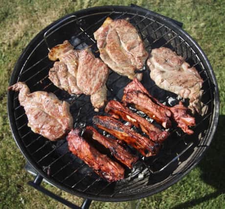 thick seasoned pork chops and chinese style lamb ribs cooking on the bbq grill