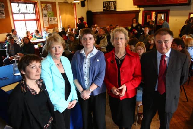 Hazel Danson, Linda Riordan, Sue McMahon, Alice 
ahon anfd Steve Cawkwell at the NUT meeting held at the Trades Club, Hebden Bridge.