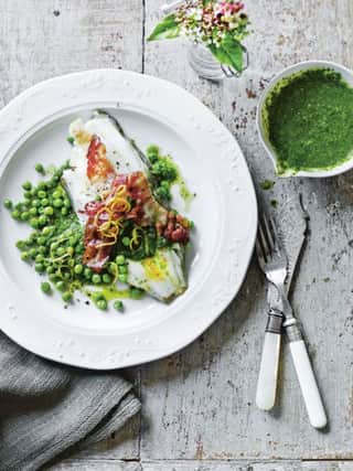 Undated Handout Photo of LEMON SOLE, PANCETTA, PEAS AND SALSA VERDE. See PA Feature FOOD Shaw. Picture credit should read: PA Photo/Martin Poole. WARNING: This picture must only be used to accompany PA Feature FOOD Shaw.