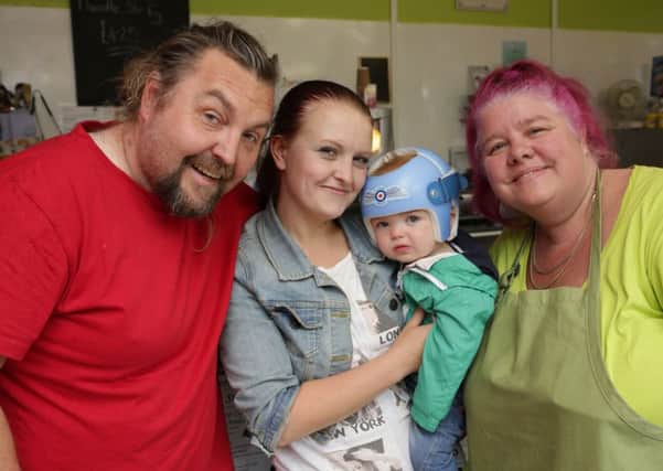Gary and Caroline Overton, Overton Bridge End Cafe, Bridge End, Brighouse with Shantelle Hirst and her son Toby-James
