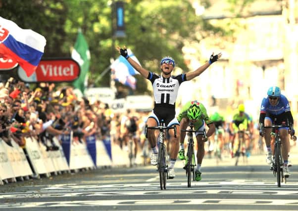Marcel Kittell wins the first stage of the 2014 Tour de France in Harrogate from Peter Sagan after Mark Cavendish crashed at the bottom of Parliament Street.  5 July 2014. Picture Bruce Rollinson