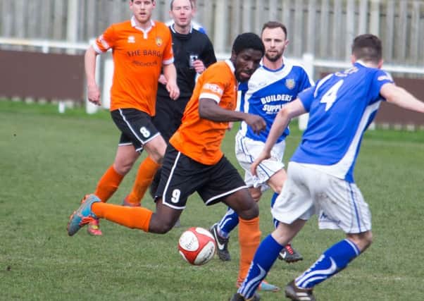 Actions from Brighouse Town v Lancaster City at St Giles Park. Pictured is Ernest Boafo
