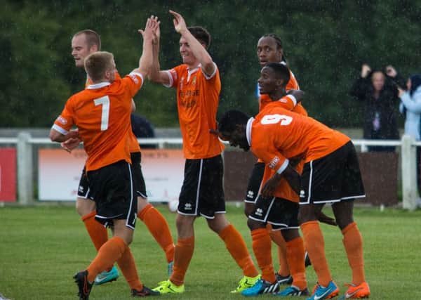 Actions from Brighouse Town v Atherton, FA Cup football at St Giles Road. Pictured is Leon Henry goal celebration