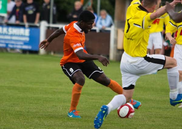 Actions from Brighouse Town v Atherton, FA Cup football at St Giles Road. Pictured is Ernest Boafo