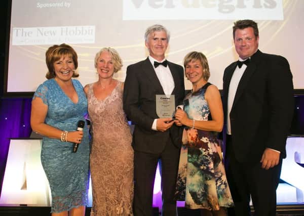 Halifax Courier Community Spirit Awards 2015 at Berties, Elland. Arts and Culture Award. From the left, host Clare Frisby, winners from Verd de Gris Sharod Marsden, Jeff Turner, Natalie Speake and sponsor from The New \Hobbit Chris Smith.