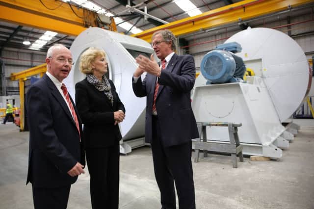 Anna Soubry Minister for Small Business wit MartinBooth and Karsten Witt at Witt Group, Shelf.