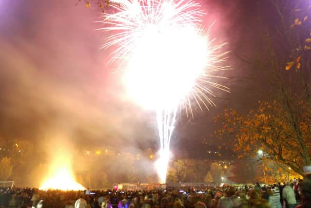 Bonfire night at Calder Holmes Park, put on by the 
Hebden Bridge Round Table,
Pictured is the bonfire, crowd and main fireworks display