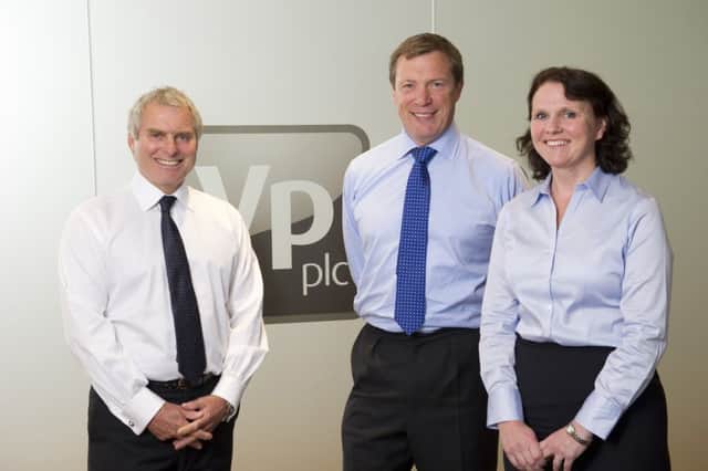 The senior management team at Harrogate-based VP plc: (l to r) Jeremy Pilkington, executive chairman; Neil Stothard, group managing director; and Allison Bainbridge, group financial director.

VP Photography
LICENCE AGREEMENT
This Photograph taken by VisualMedia is supplied with an indefinite license for editorial purposes, but excluding advertorials or competitions. The license also covers internal communications requirements such as newsletters and non-commercial website use. Usage for external marketing / advertising purposes will attract additional fees that need to be negotiated dependent on requirements.

For further information please contact VisualMedia on +44 (0)20 7613 2555.

Note to Press:
These images are supplied free of charge for editorial usage.
Mandatory credit: VisMedia